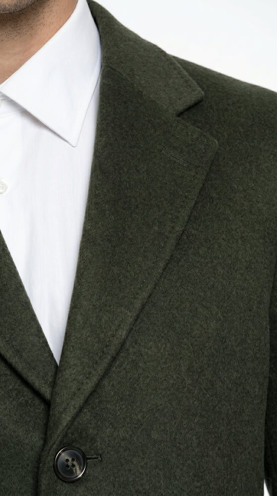 Men’s Olive Green Full Length Wool Blend Topcoat, Long Dress Overcoat for Winter Formal Wear
