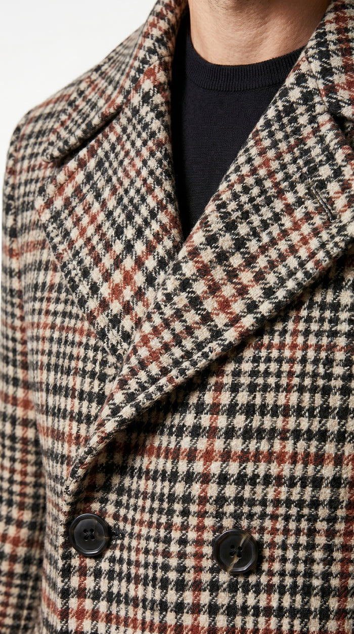 Men’s Cream Black and Red Plaid Wool Blend Peacoat, Checkered Double Breasted Winter Coat
