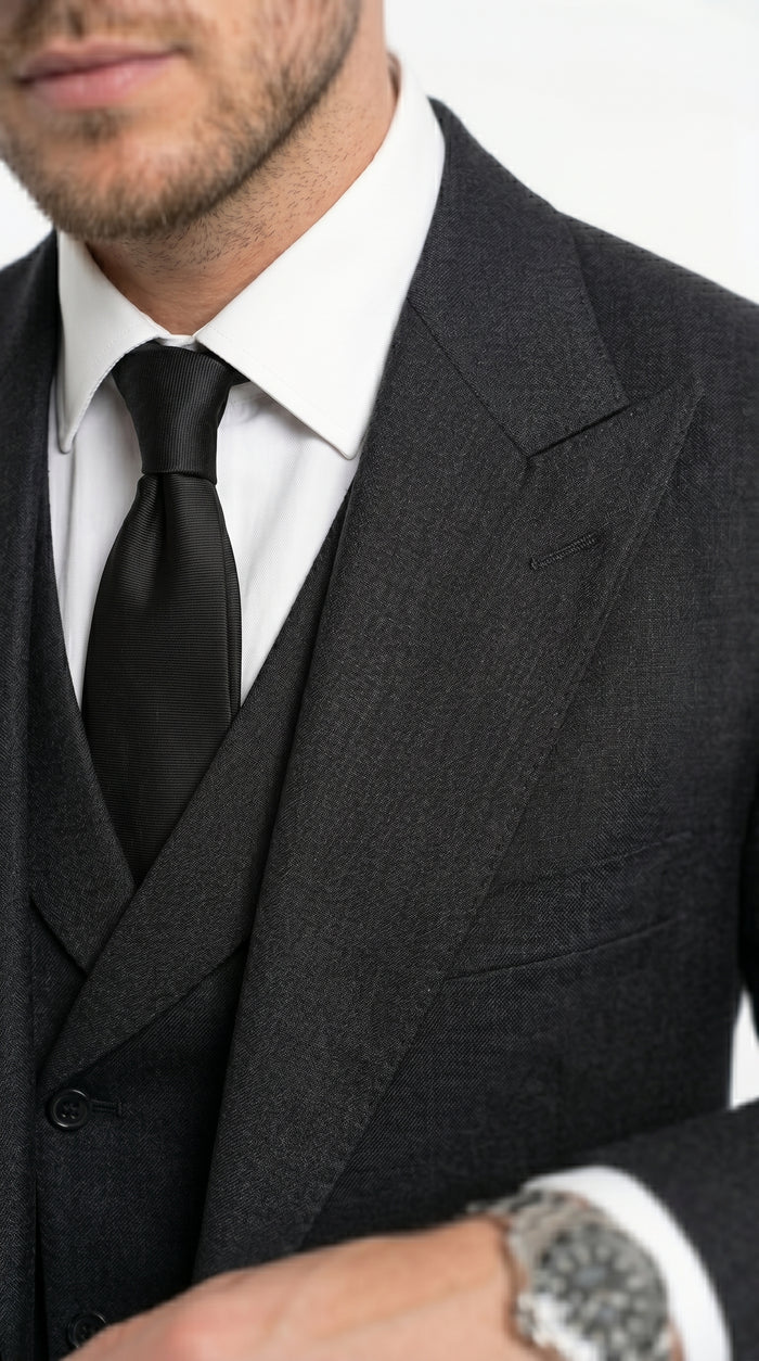 Men’s Black Classic Fit 3 Piece Suit with Double Breasted Vest and Pleated Pants