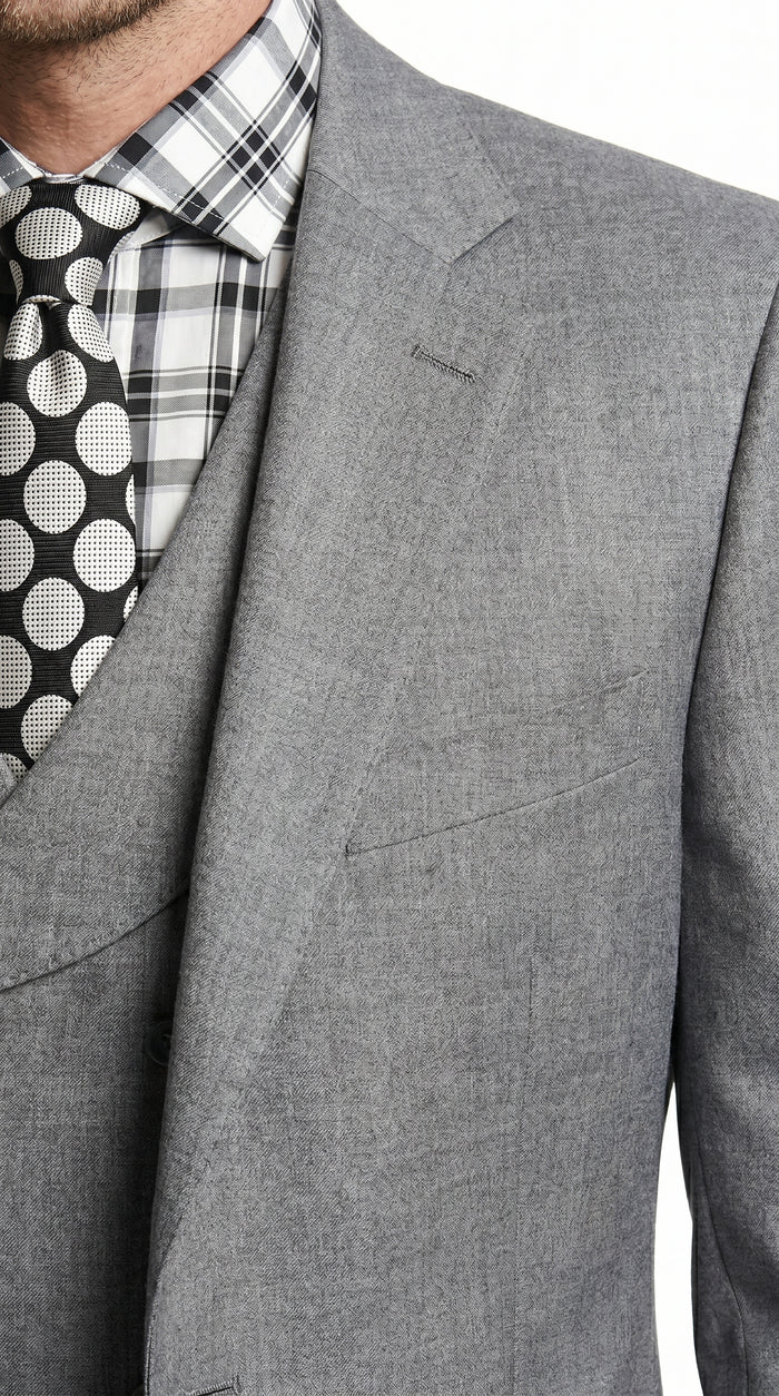 Men’s Light Grey 3 Piece Suit with Double Breasted Vest and Pleated Pants
