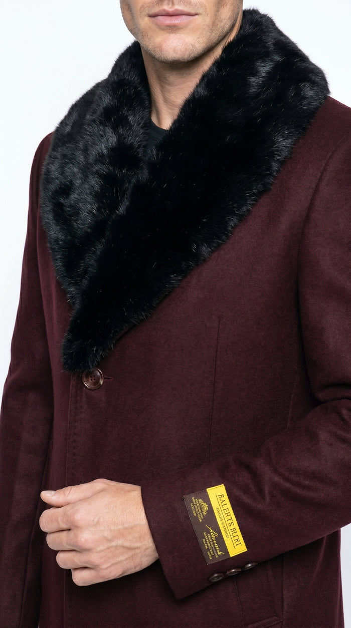 Men’s Burgundy Big and Tall Long Overcoat with Black Fur Style Collar, Winter Dress Topcoat up to Size 68