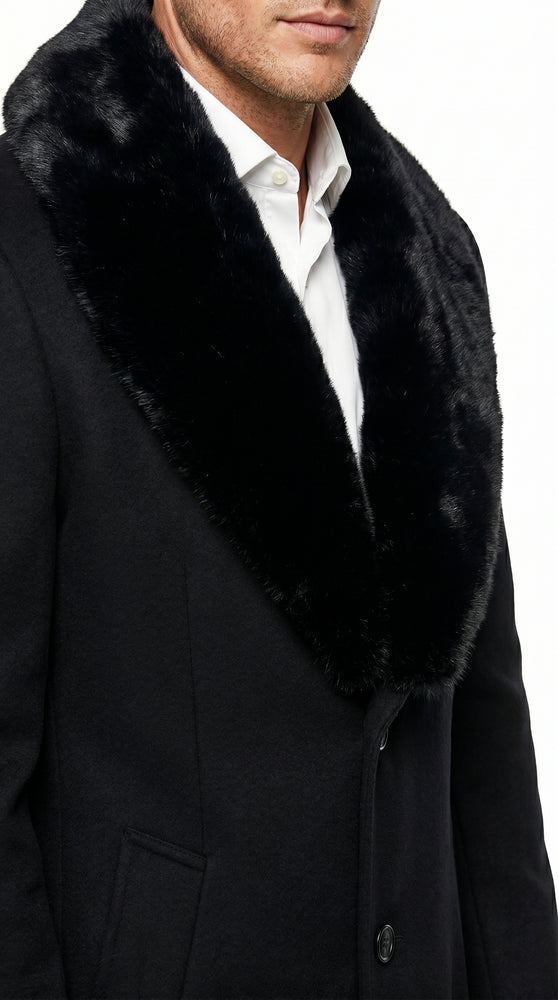 Men’s Black Cashmere Blend Full Length Overcoat with Fur Style Collar, Winter Dress Coat