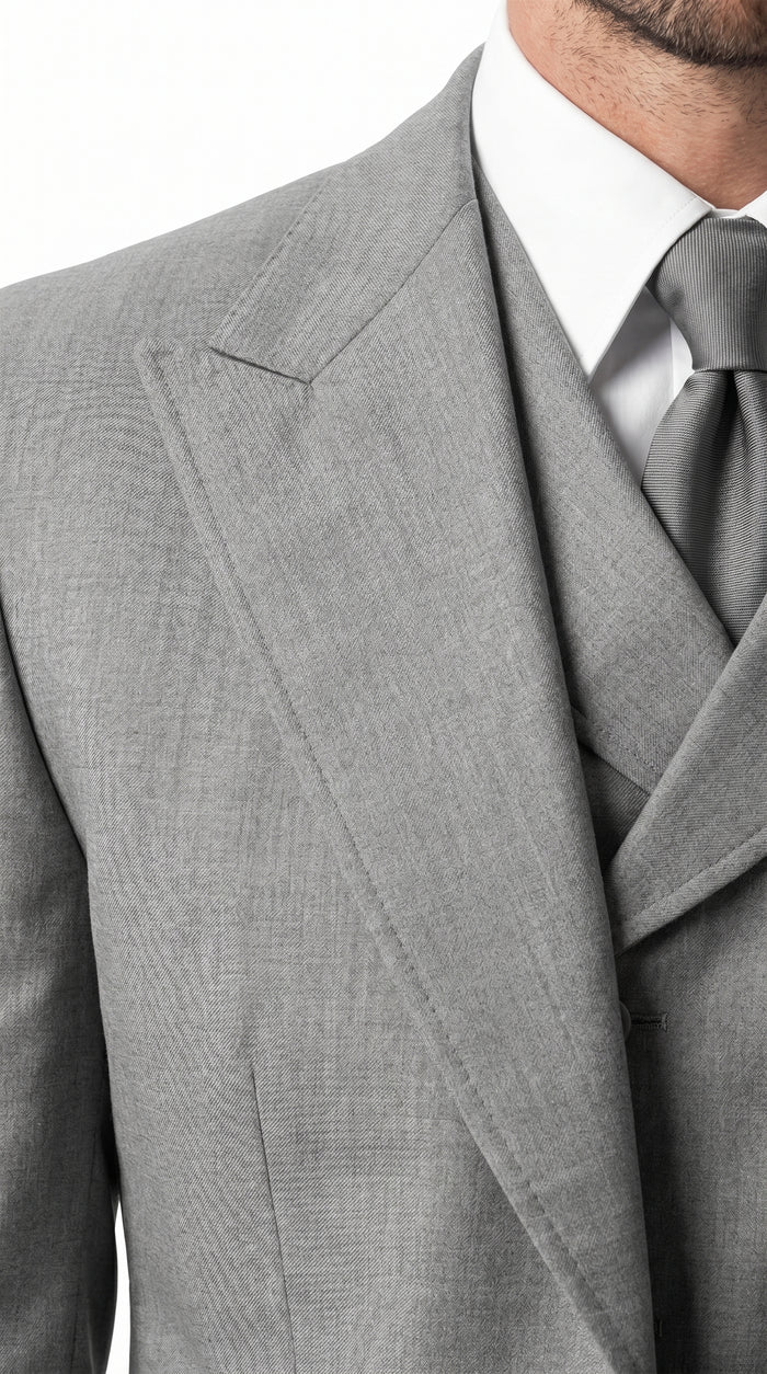 Men’s Grey 1920s Style 3 Piece Suit with Double Breasted Slanted Vest, Peak Lapel & Pleated Wide Leg Pants