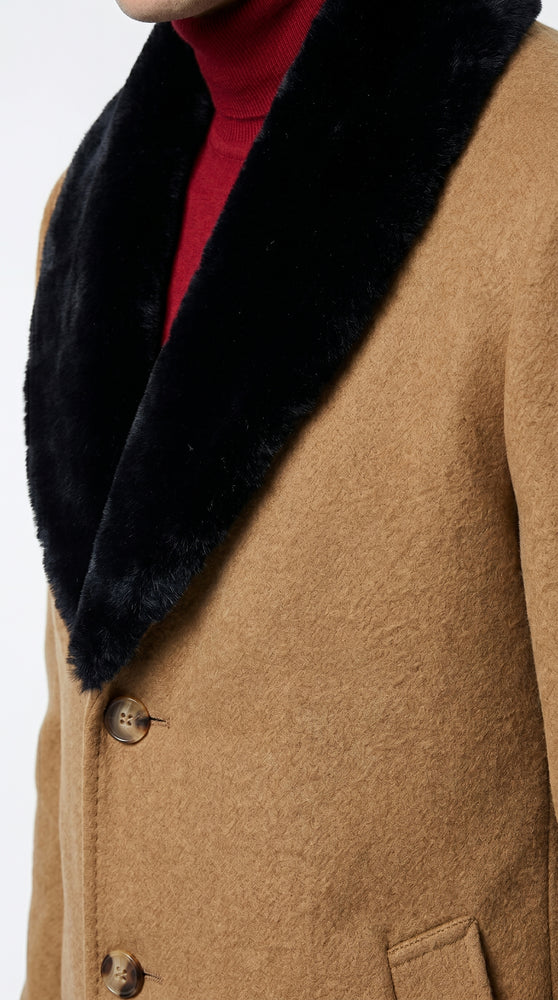 Men’s Camel Big and Tall Long Overcoat with Black Fur Style Collar, Winter Dress Topcoat up to Size 68