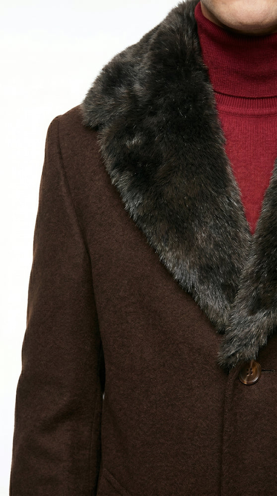 Men’s Brown Big and Tall Long Overcoat with Black Fur Style Collar, Winter Dress Topcoat up to Size 68