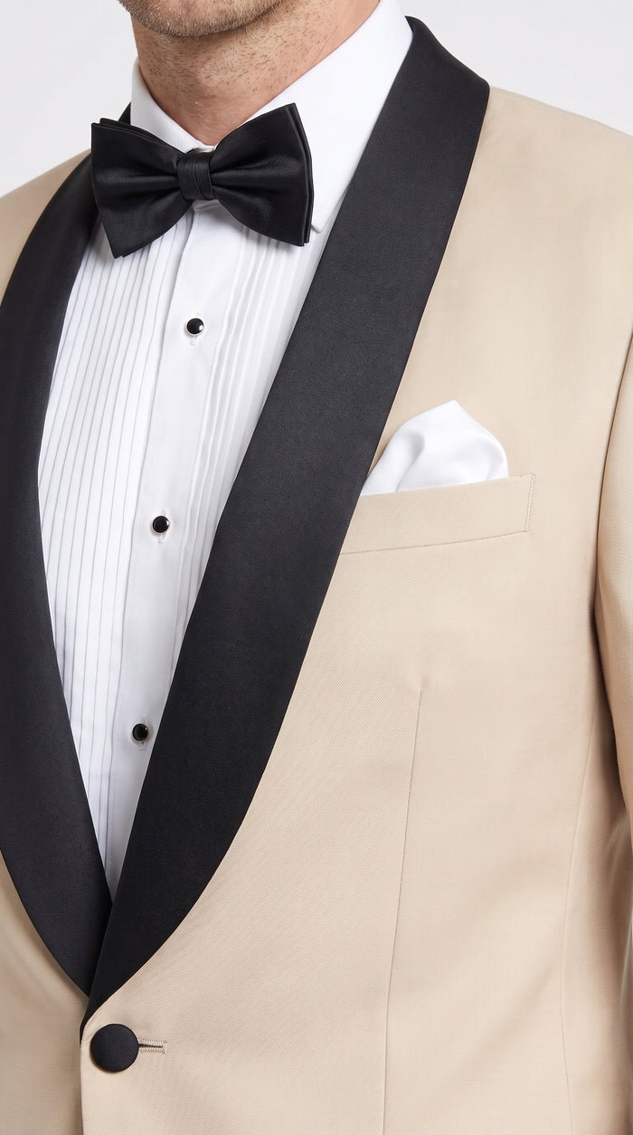 Men’s Champagne Light Tan Tuxedo Jacket with Black Shawl Lapel, One Button Formal Dinner Blazer