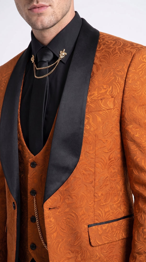 Men’s Burnt Orange Floral Brocade Tuxedo, Designer Formal Wedding Prom Dinner Suit