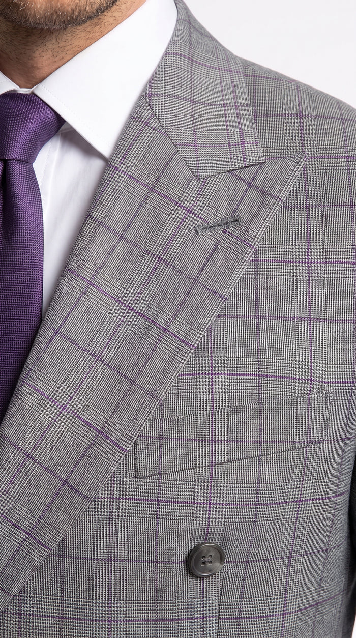 Men’s Grey Glen Plaid Double Breasted Suit, Classic Wool Feel Formal Wedding Business Suit