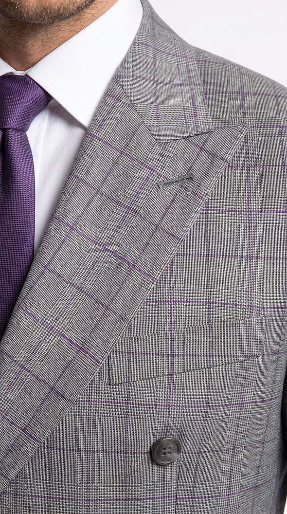 Men’s Grey Glen Plaid Double Breasted Suit, Classic Wool Feel Formal Wedding Business Suit