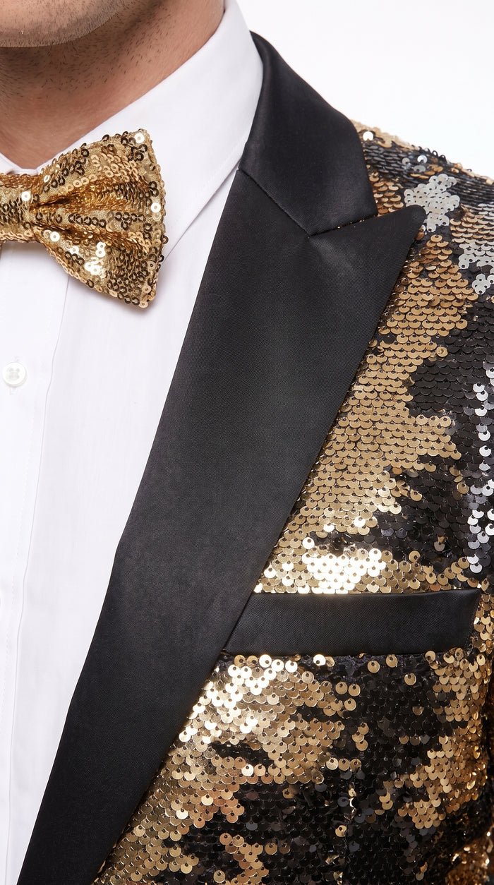 Men’s Big and Tall Black and Gold Sequin Blazer, Shiny Formal Tuxedo Sport Coat with Matching Bow Tie