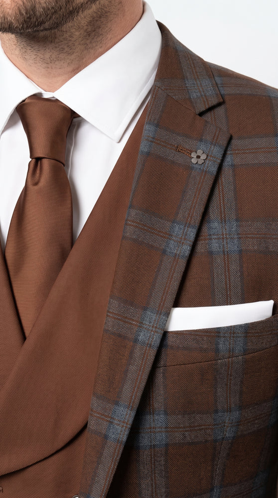 Statement Men’s Brown Plaid 3 Piece Wool Suit, Classic Fashion Suit with Double Breasted Vest
