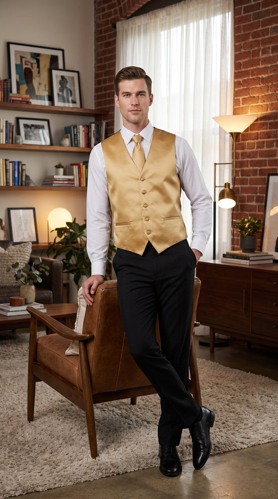 Men’s Gold Tuxedo Vest and Tie Set, Formal Wedding Waistcoat with Neck Tie