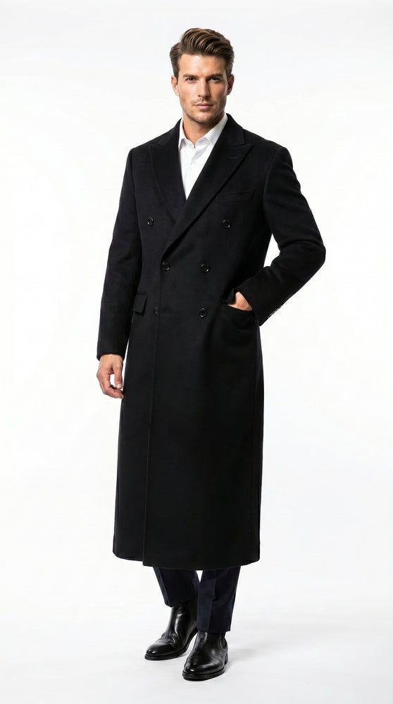 Men’s Black Cashmere Blend Full Length Overcoat, Double Breasted Winter Dress Coat