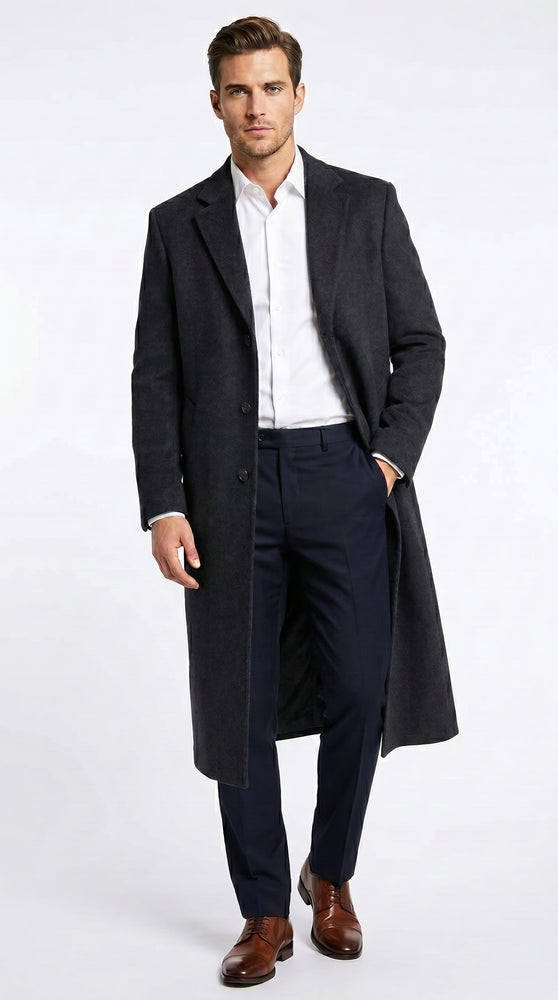 Men’s Black Cashmere Blend Full Length Overcoat, Classic Winter Dress Topcoat