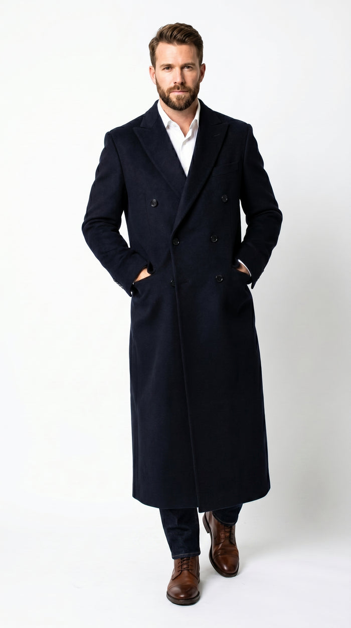 Men’s Black Cashmere Blend Full Length Overcoat, Double Breasted Winter Dress Topcoat