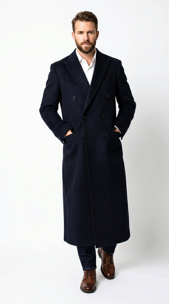 Men’s Black Cashmere Blend Full Length Overcoat, Double Breasted Winter Dress Topcoat