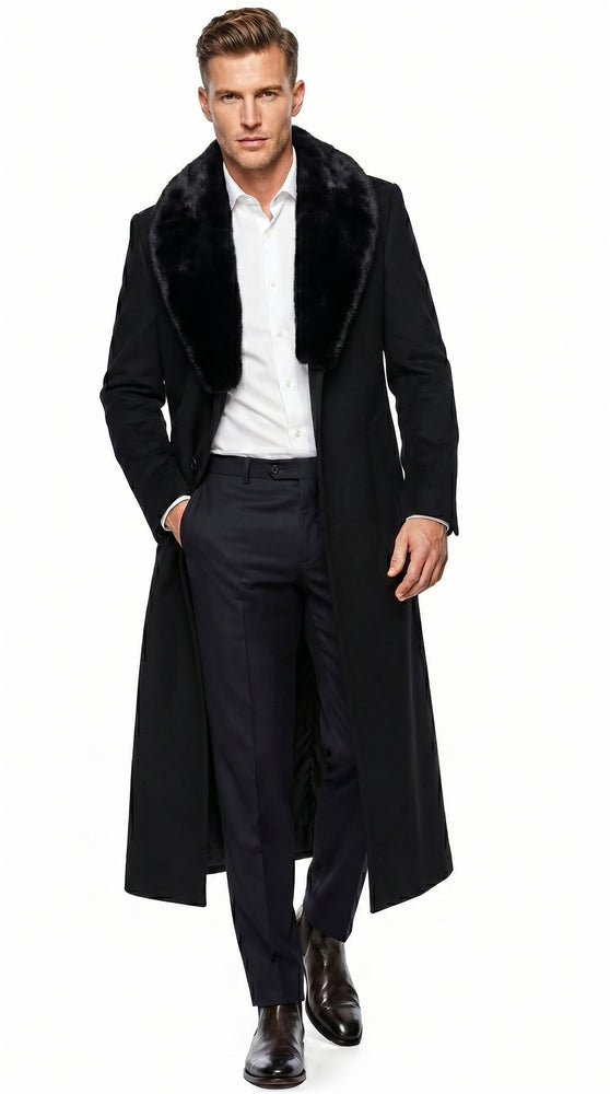 Men’s Black Cashmere Blend Full Length Overcoat with Fur Style Collar, Winter Dress Coat