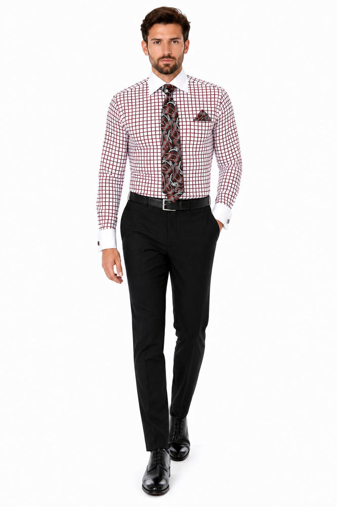 Daniel Ellissa Checked Pattern Two Tone French Cuff Burgundy ~ Wine ~ Maroon Color White Collar Big and Tall Sizes Two Toned Contrast 18 19 20 21 22 Inch Neck Men's Dress Shirt
