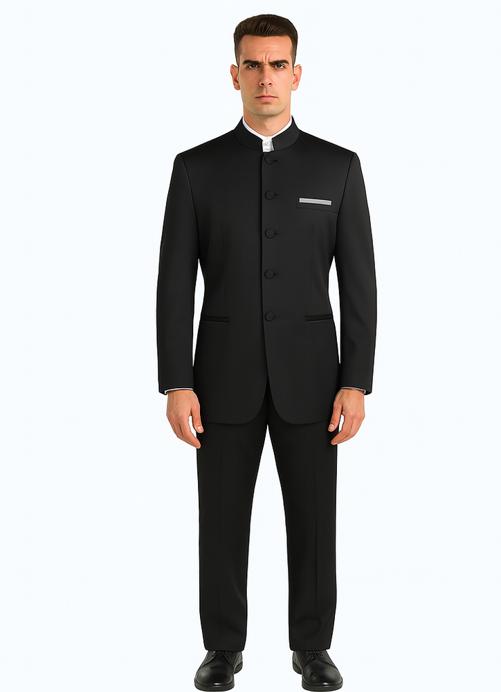 Master Collection - Regular Fit Men's 2 Piece Banded Collar Tuxedo Black