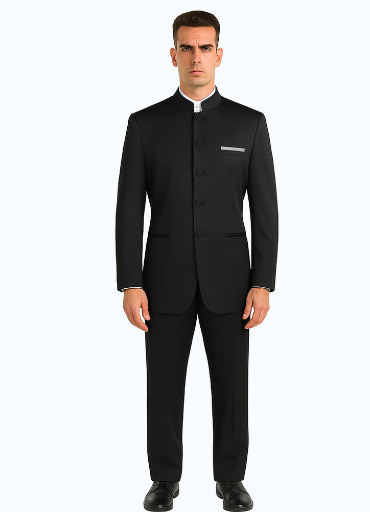Master Collection - Regular Fit Men's 2 Piece Banded Collar Tuxedo Black