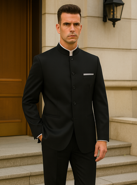 Master Collection - Regular Fit Men's 2 Piece Banded Collar Tuxedo Black