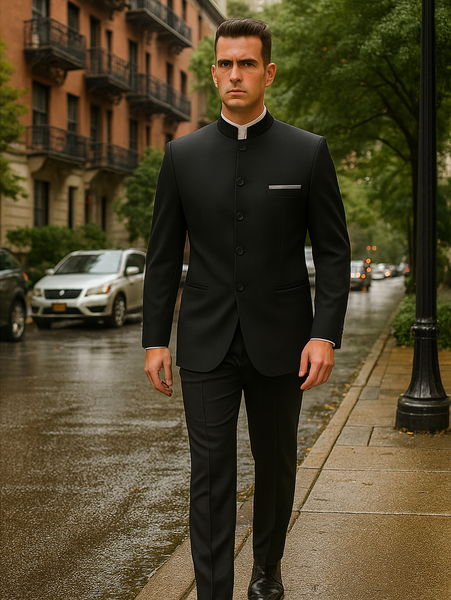 Master Collection - Regular Fit Men's 2 Piece Banded Collar Tuxedo Black