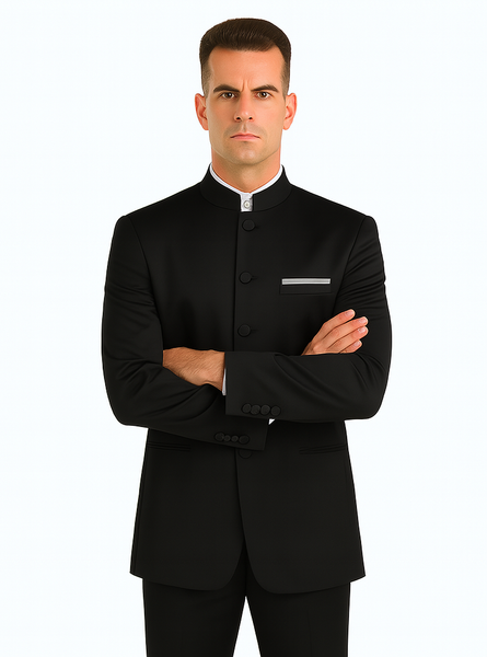 Master Collection - Regular Fit Men's 2 Piece Banded Collar Tuxedo Black
