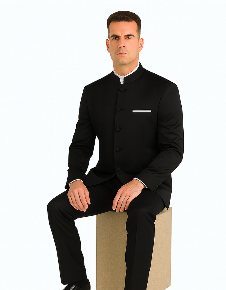 Master Collection - Regular Fit Men's 2 Piece Banded Collar Tuxedo Black