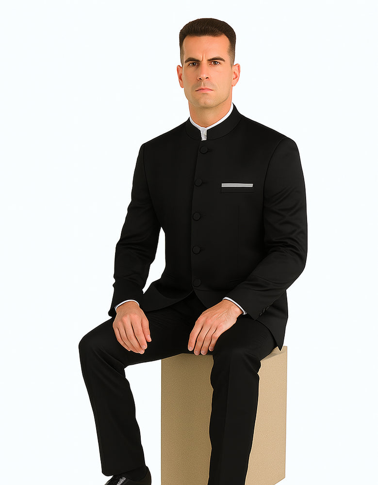 Master Collection - Regular Fit Men's 2 Piece Banded Collar Tuxedo Black
