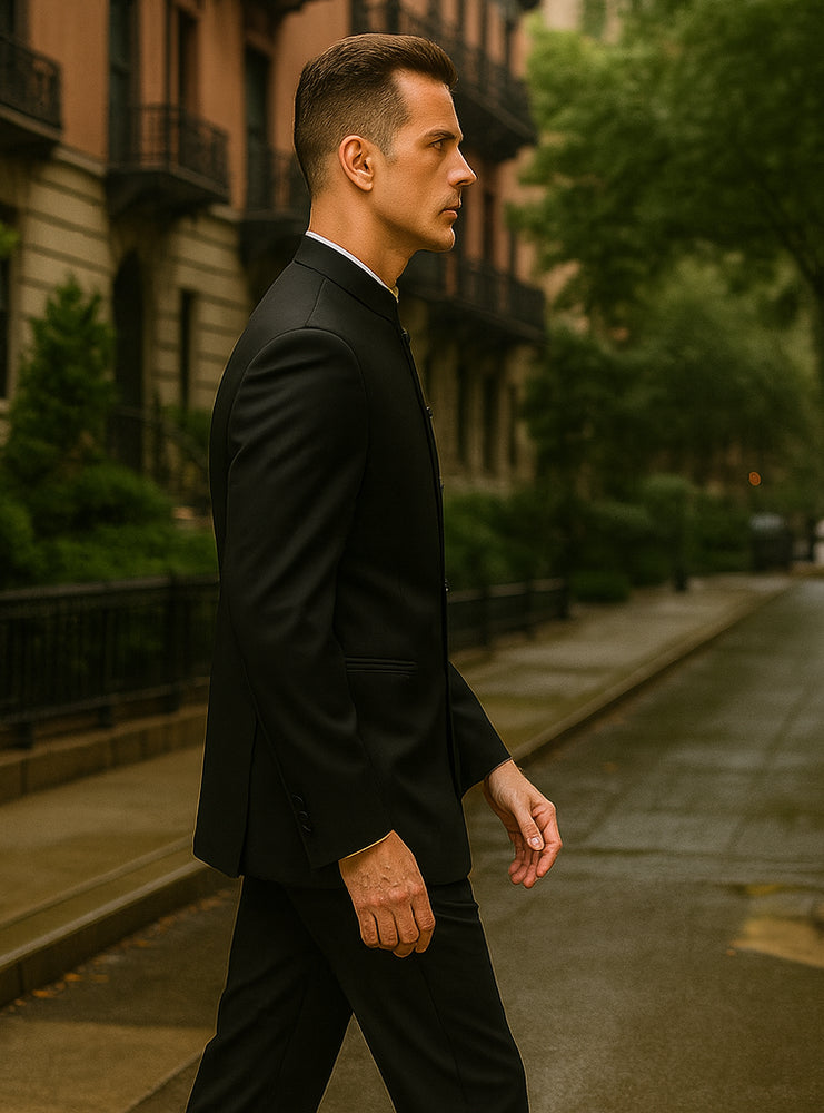 Master Collection - Regular Fit Men's 2 Piece Banded Collar Tuxedo Black