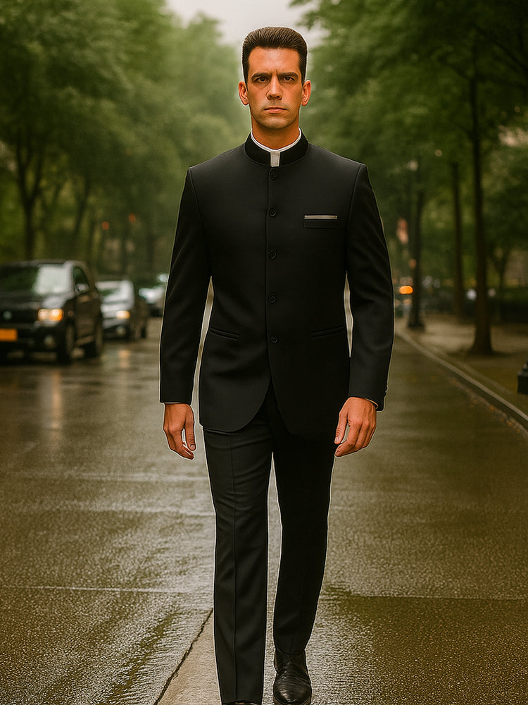 Master Collection - Regular Fit Men's 2 Piece Banded Collar Tuxedo Black