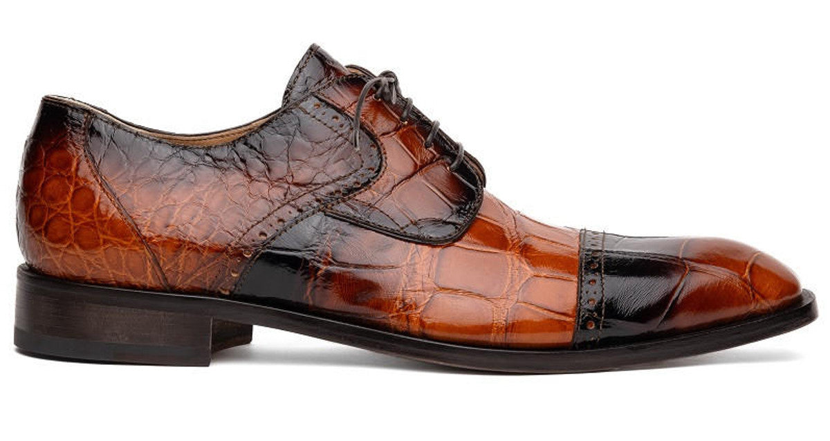 Men's Cognac Alligator Cap Toe Cowboy Boots - J Toe Western Derby Boots