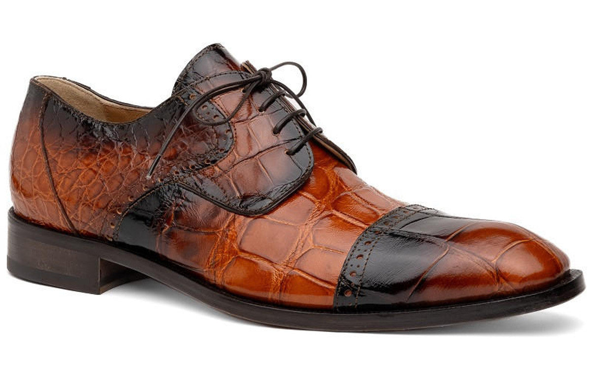 Men's Cognac Alligator Cap Toe Cowboy Boots - J Toe Western Derby Boots