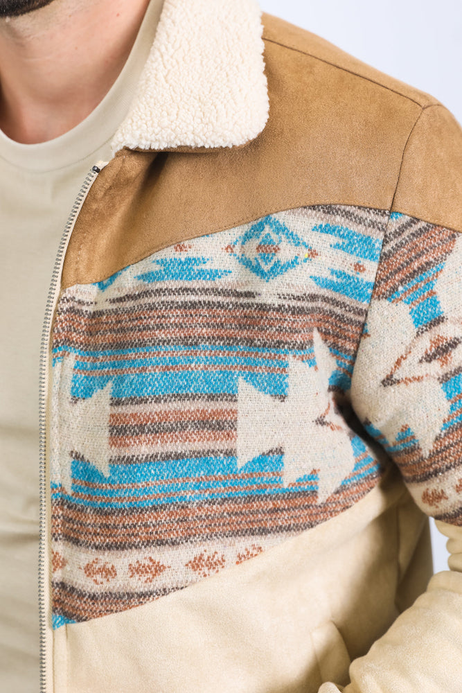 Men’s Western Inspired Aztec Quilted Twill Jacket – Beige with Suede Accents