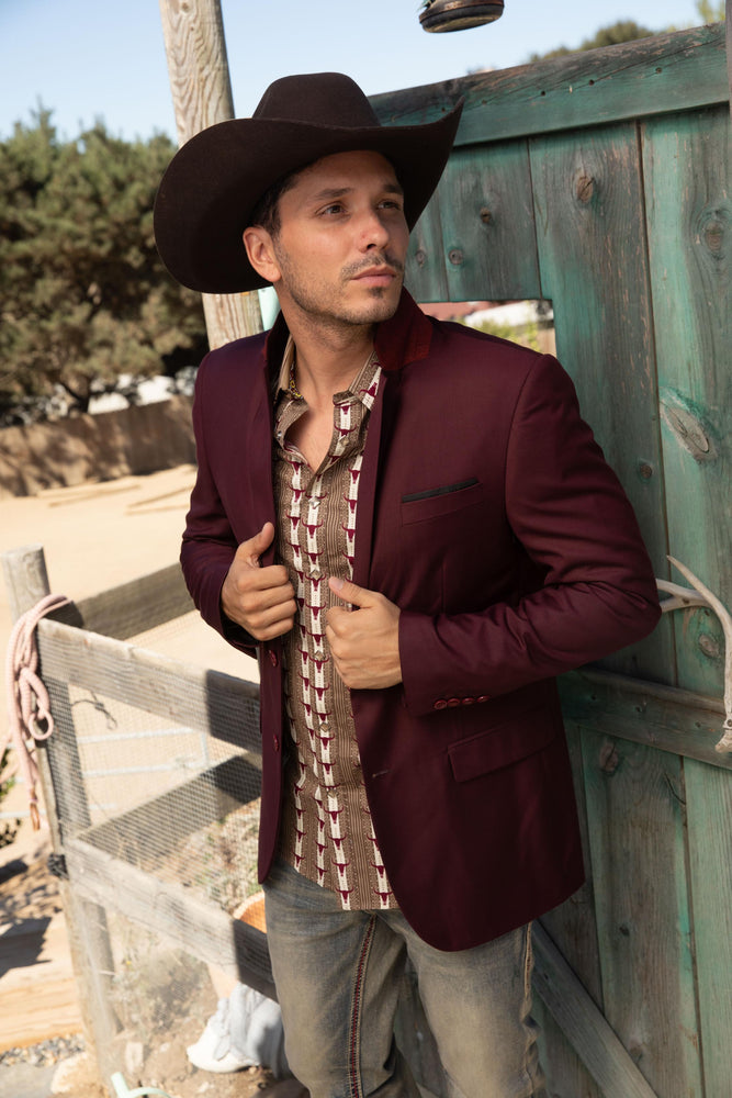 Burgundy Western Cowboy Blazer - Mens Modern Fit Stretch Date Night Burgundy Blazer
