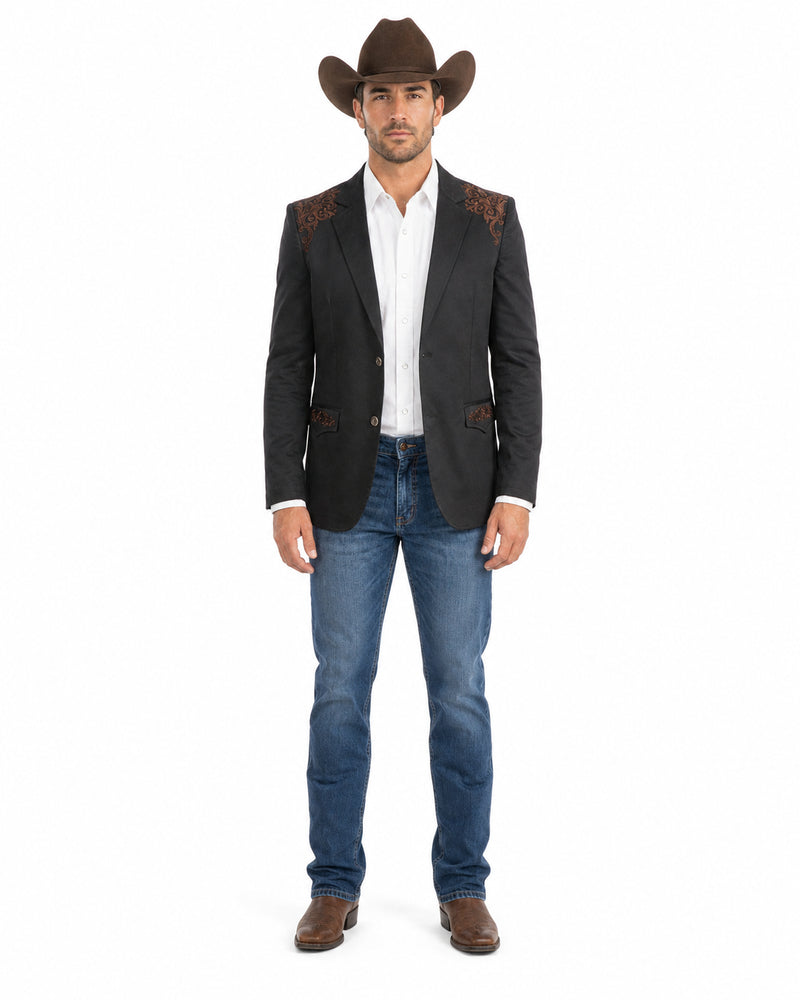 Men’s Black & Brown Western Blazer – Cowboy Sport Coat with Brown Embroidered Shoulder & Back Design