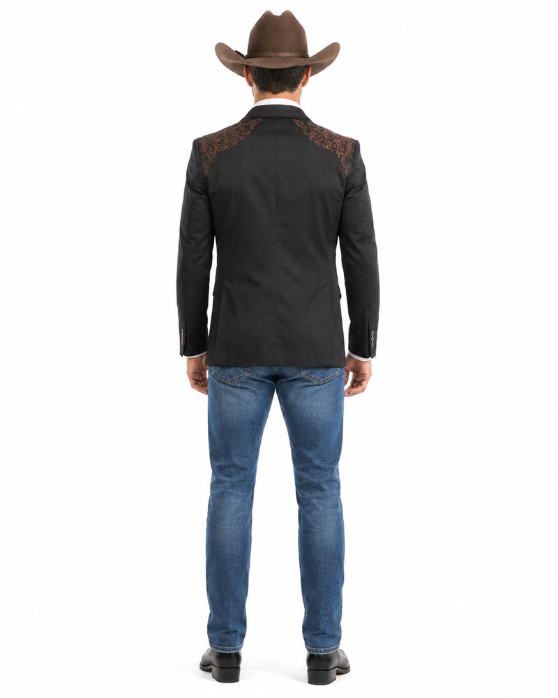 Men’s Black & Brown Western Blazer – Cowboy Sport Coat with Brown Embroidered Shoulder & Back Design
