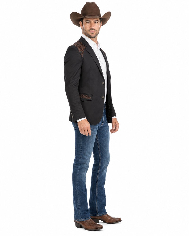 Men’s Black & Brown Western Blazer – Cowboy Sport Coat with Brown Embroidered Shoulder & Back Design