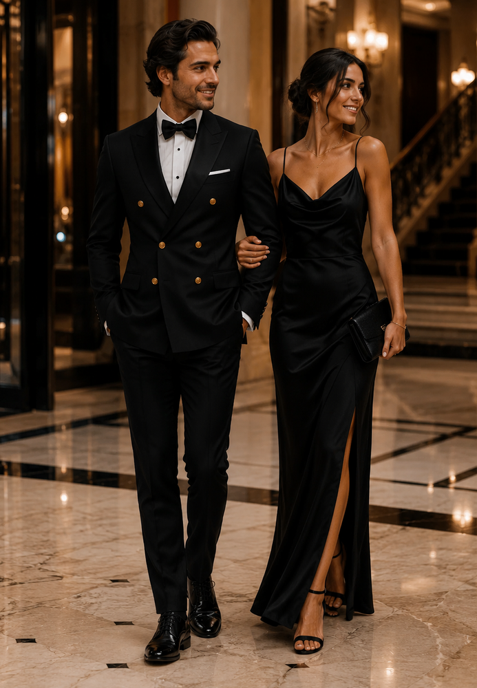 Men’s Black Double-Breasted Tuxedo – Classic Shawl Lapel Suit with Gold Buttons for Weddings, Galas, and Black Tie Events