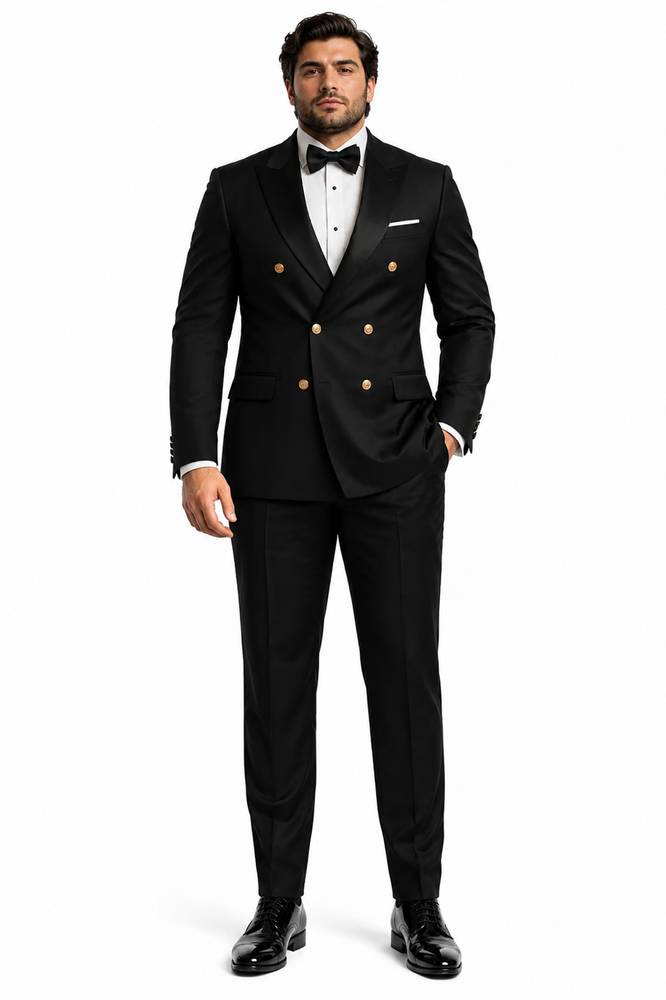 Men’s Black Double-Breasted Tuxedo – Classic Shawl Lapel Suit with Gold Buttons for Weddings, Galas, and Black Tie Events