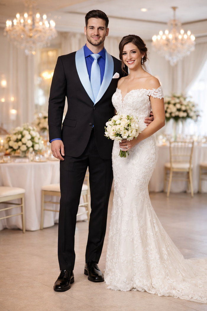 Men’s Black Tuxedo with Contrast White & Blue Lapel – Wedding & Prom style