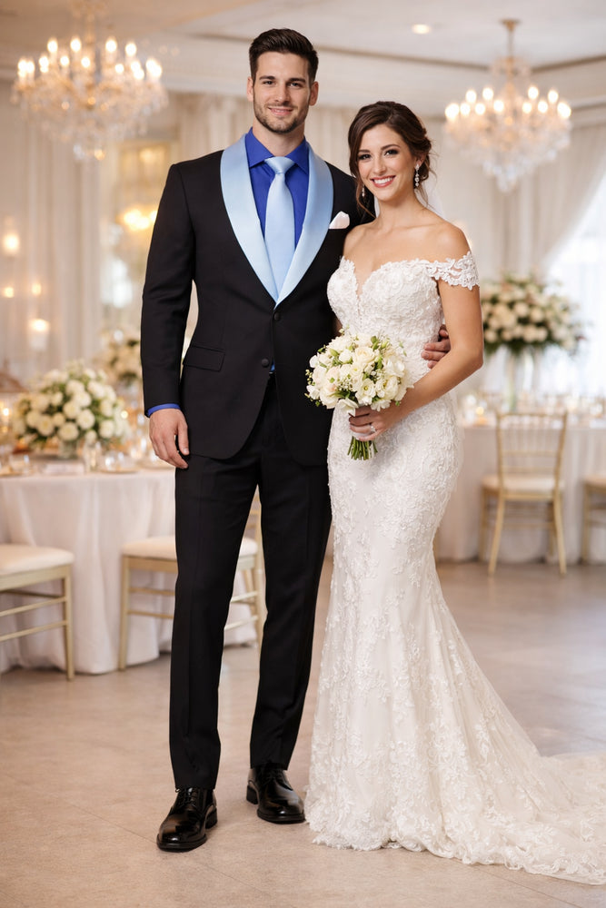 Men’s Black Tuxedo with Contrast White & Blue Lapel – Wedding & Prom style