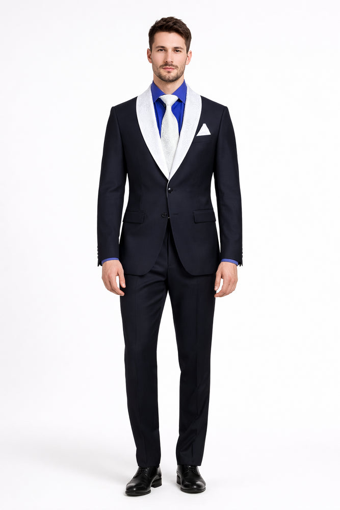 Men’s Black Tuxedo with Contrast White & Blue Lapel – Wedding & Prom style
