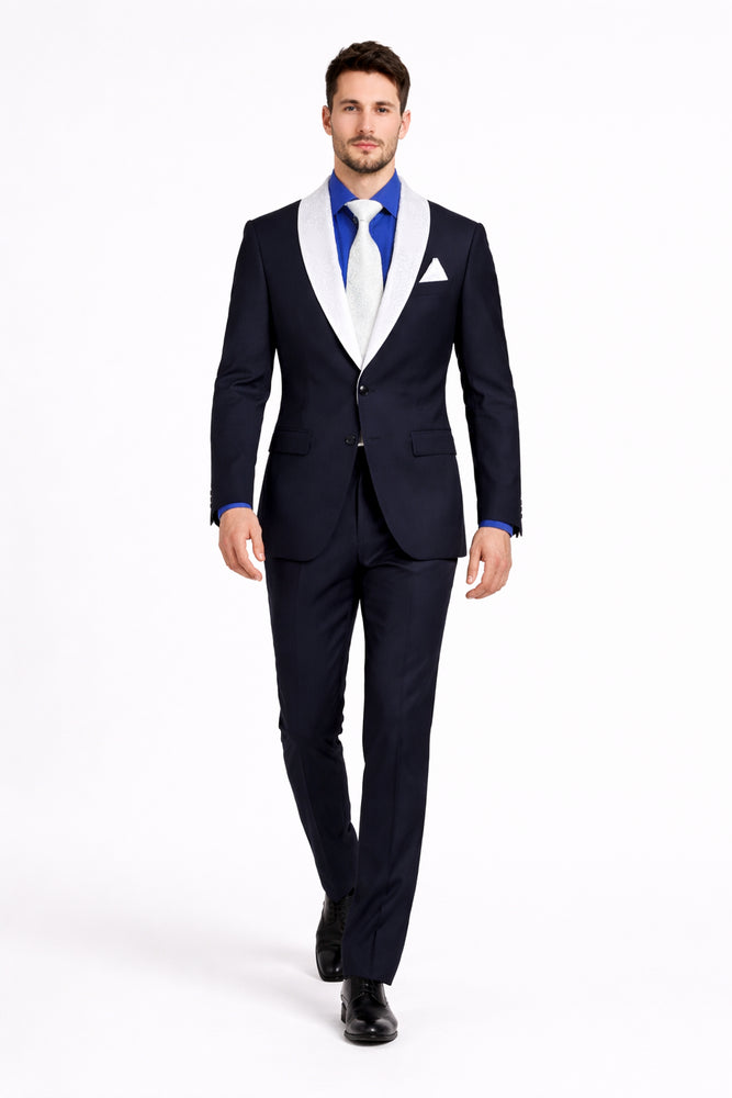 Men’s Black Tuxedo with Contrast White & Blue Lapel – Wedding & Prom style