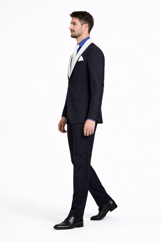 Men’s Black Tuxedo with Contrast White & Blue Lapel – Wedding & Prom style