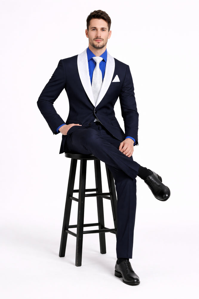 Men’s Black Tuxedo with Contrast White & Blue Lapel – Wedding & Prom style