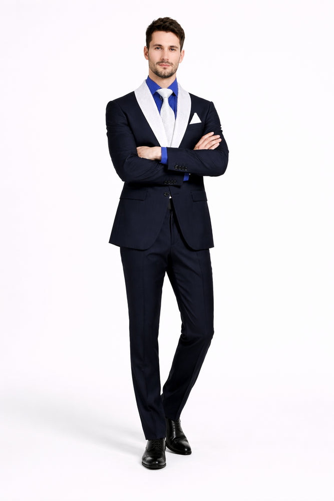 Men’s Black Tuxedo with Contrast White & Blue Lapel – Wedding & Prom style