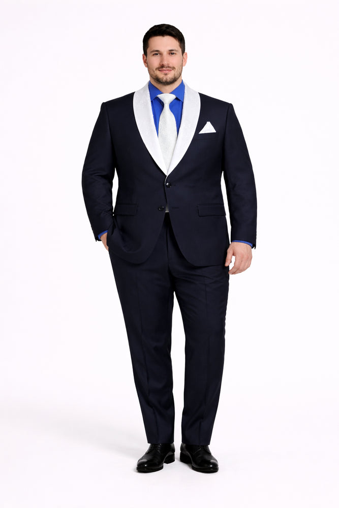 Men’s Black Tuxedo with Contrast White & Blue Lapel – Wedding & Prom style