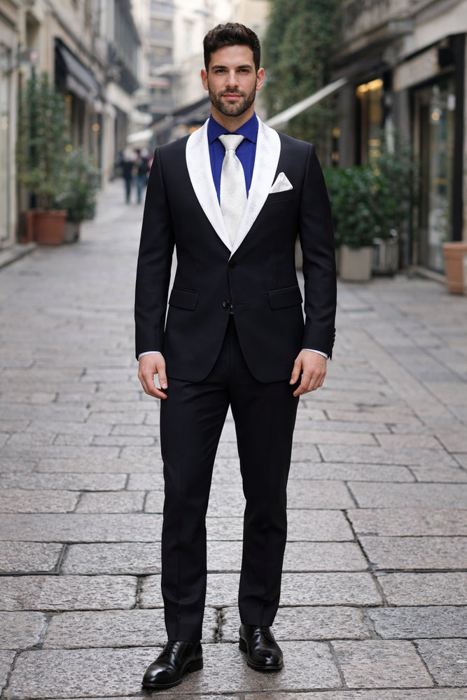 Men’s Black Tuxedo with Contrast White & Blue Lapel – Wedding & Prom style