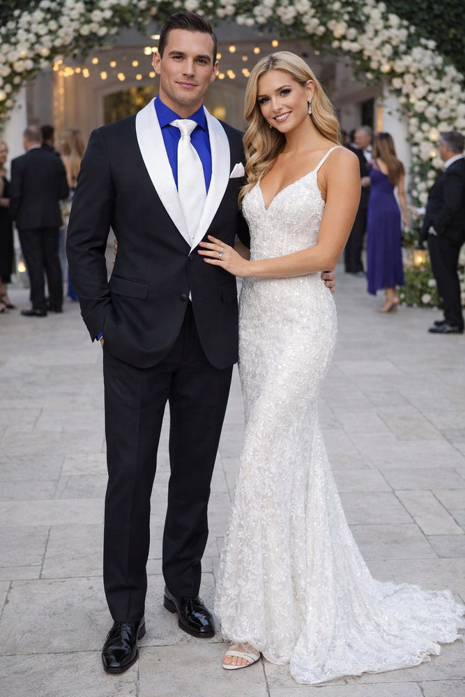 Men’s Black Tuxedo with Contrast White & Blue Lapel – Wedding & Prom style